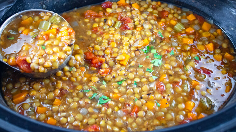 A ladle with smoky vegetarian lentil soup being lifted from the slow cooker
