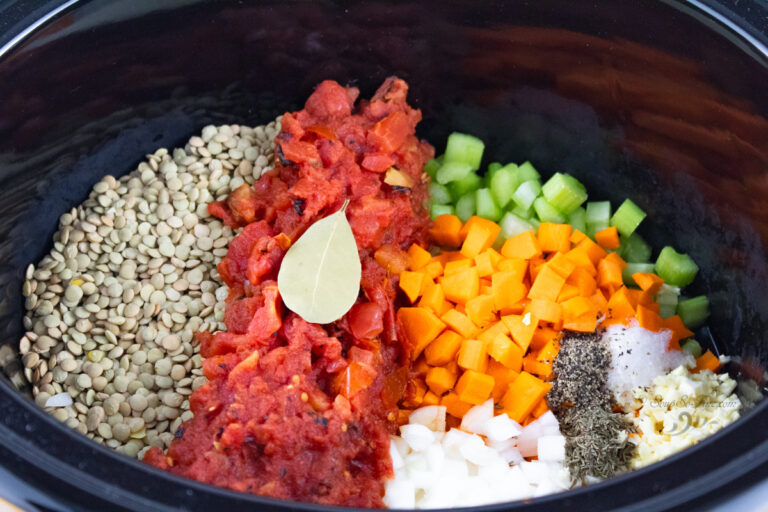 ingredients for smoky vegetarian lentil soup in the slow cooker