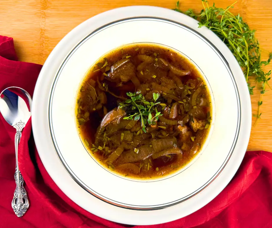 Bowl of Paleo Steak Onion Soup for the Instant Pot.