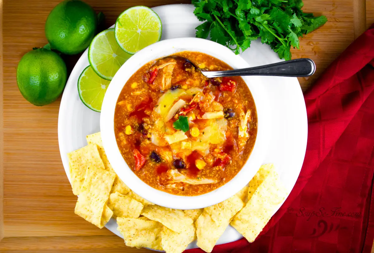 bowl of chicken enchilada soup crock pot with fresh slices of lime and crispy tortilla strip garnishes